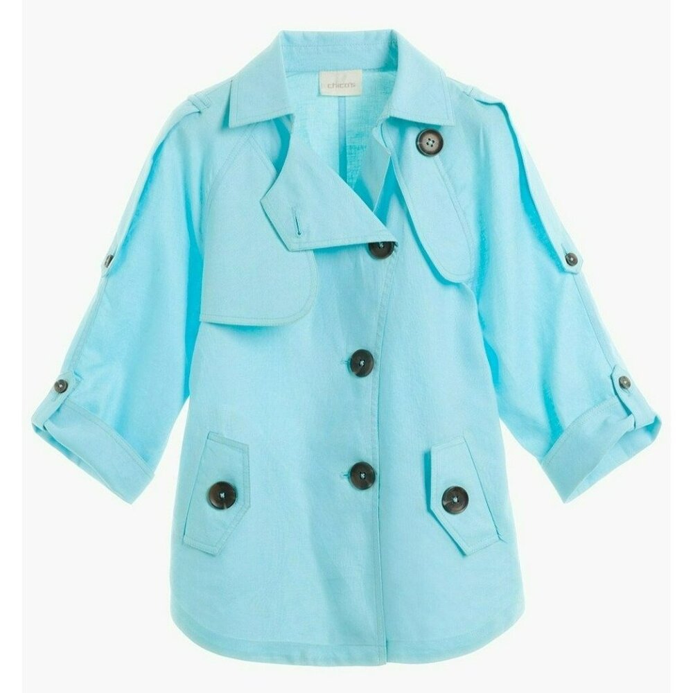 Chicos Womens Size 3 Cropped Linen Trench Jacket Light Blue Adjustable Sleeves - Picture 2 of 13